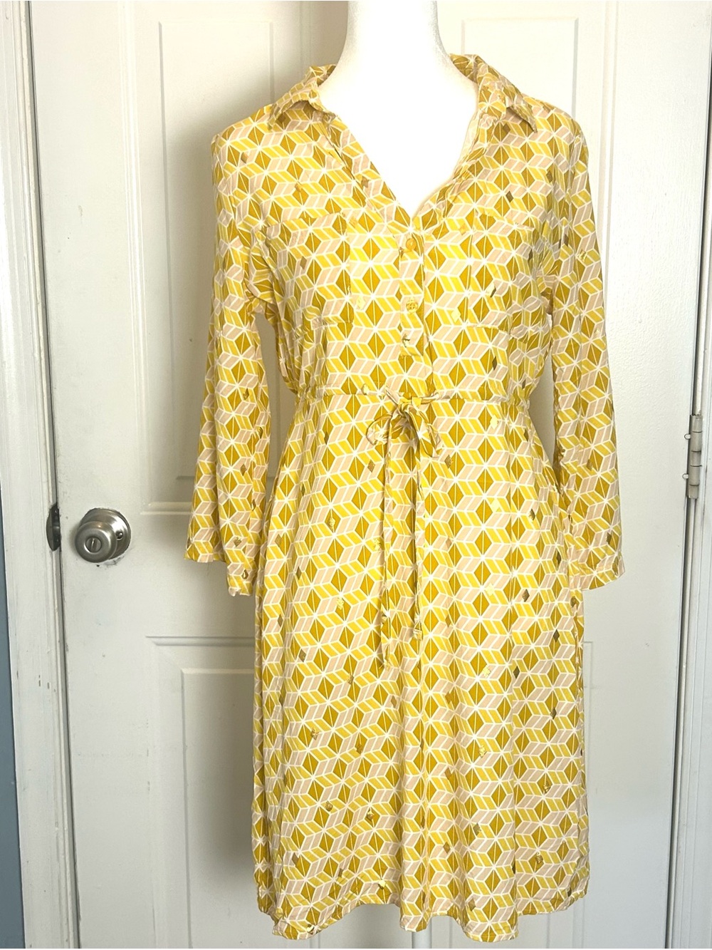 Yellow Sundress Womens Small Tie Waist Dress Geometric Vintage Inspired Retro